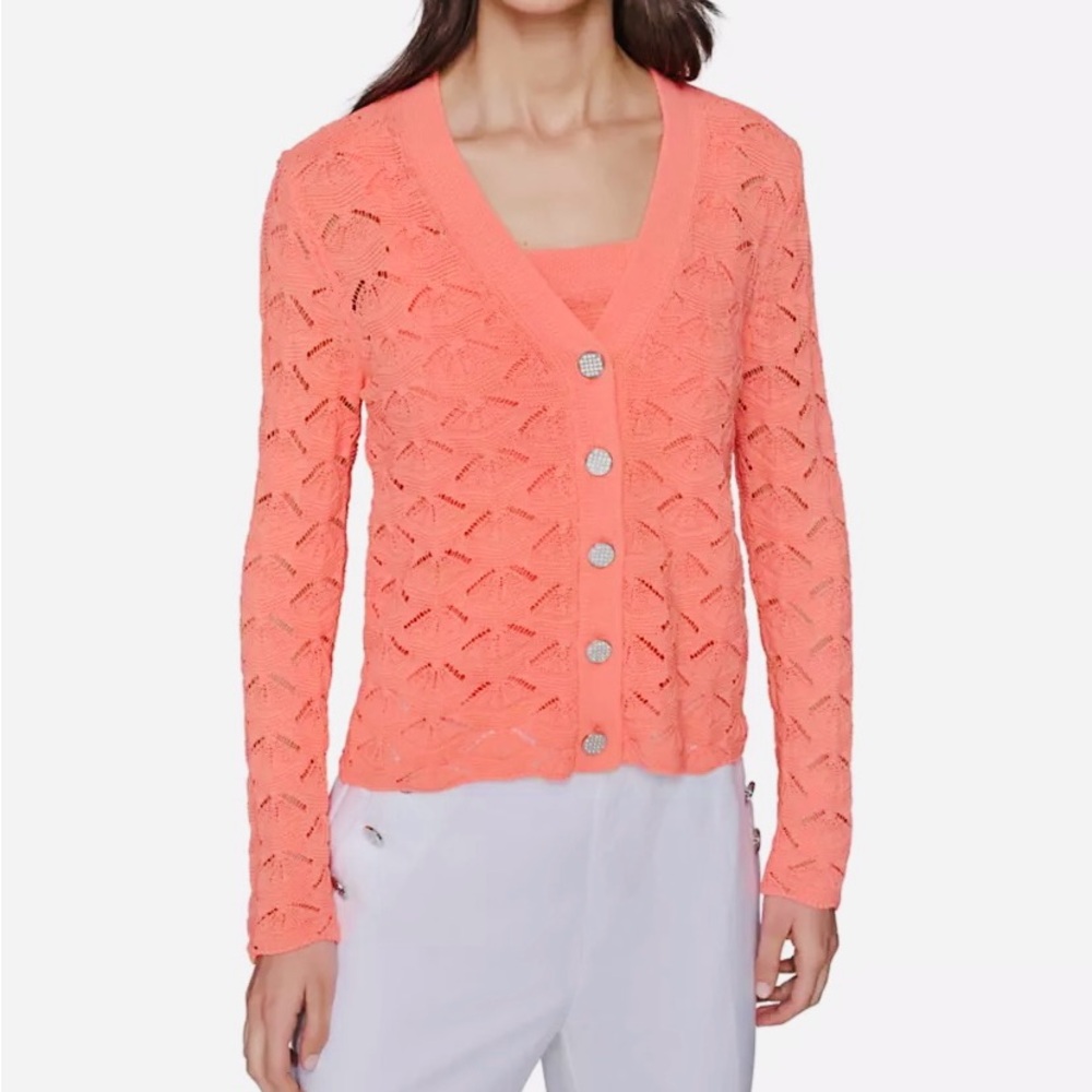 NWT Women KARL LAGERFELD Coastal Spring Crochet style Cardigan Coral Grandmacore